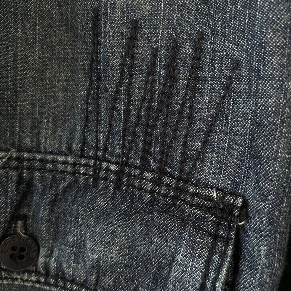 Vintage Men Denim Shirt Long Sleeve Jean Classic Born Fly Embroidered Patch 2XL - Picture 7 of 10